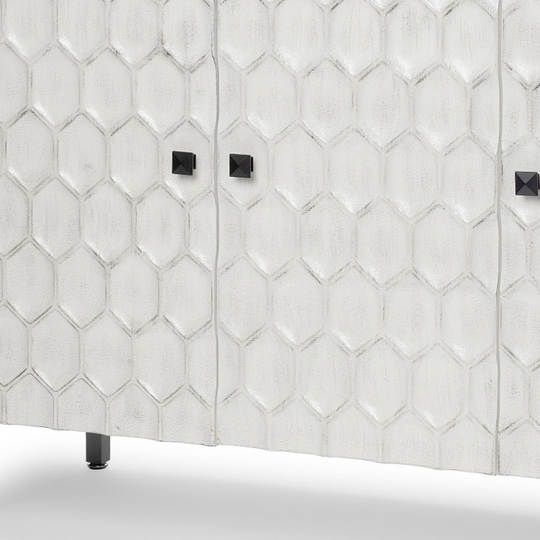 47" White and Gray Wood and Metal Carved Geometric Accent Cabinet With Three Doors