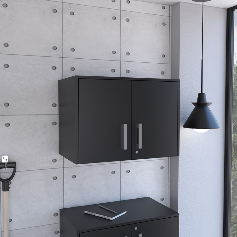 20" Black Wood Wall Mounted Storage Cabinet With Two Doors