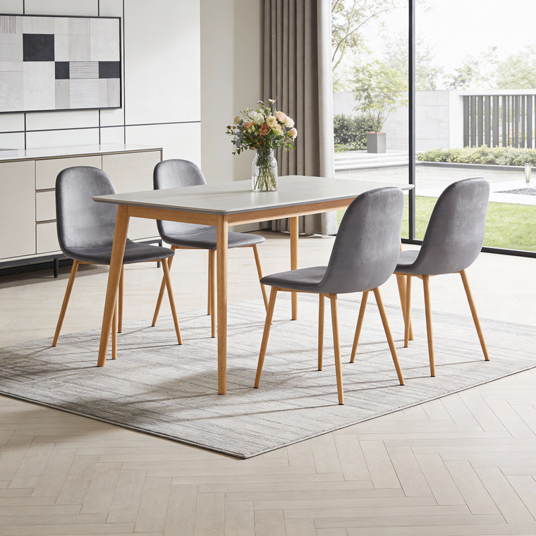 Set of Four Gray and Oak Velvet and Steel Dining Side Chairs