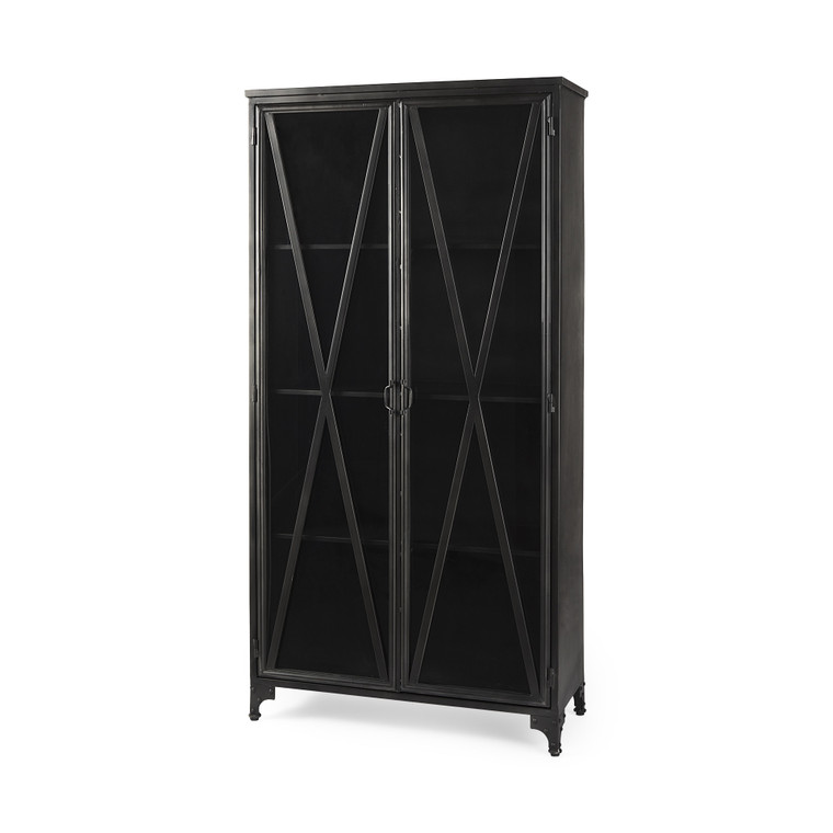 38" Black Glass and Metal Display Cabinet With Two Doors