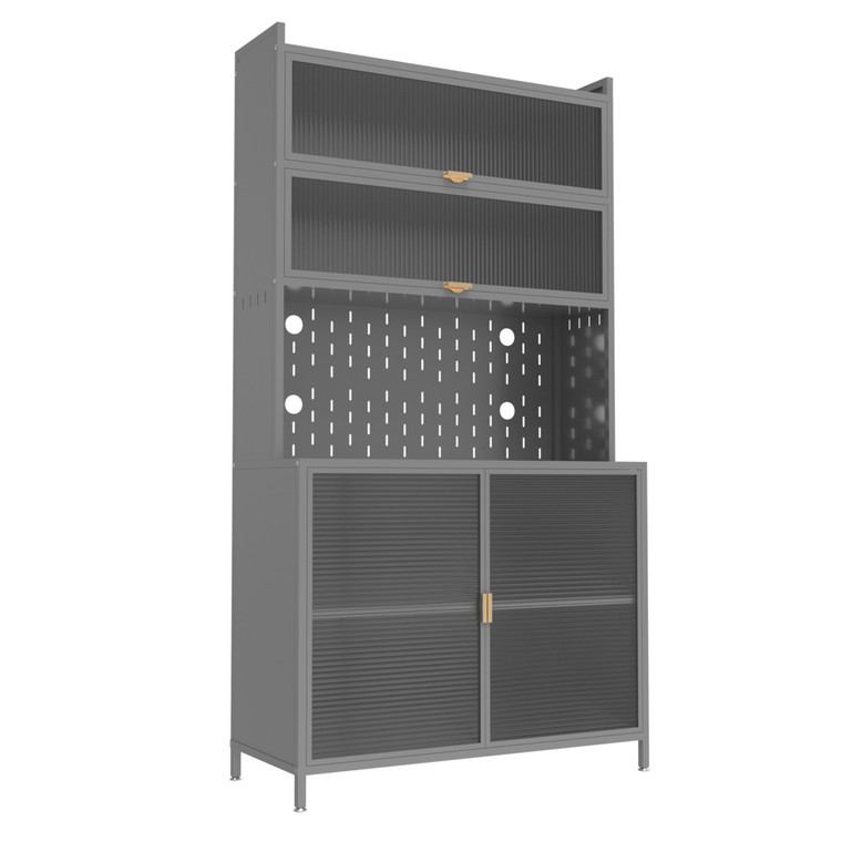 73" Gray Stainless Steel Textured Door Dining Hutch With Two Doors