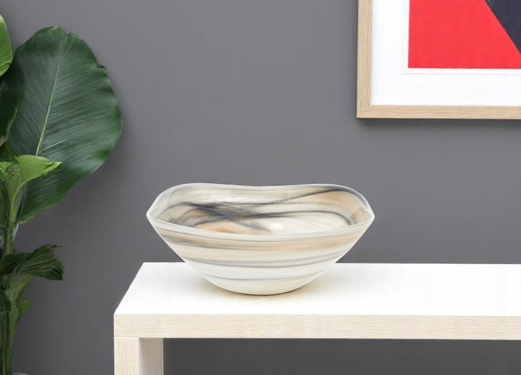 Set of Two 6" Taupe And White Alabaster Glass Square Candy or Nut Bowl