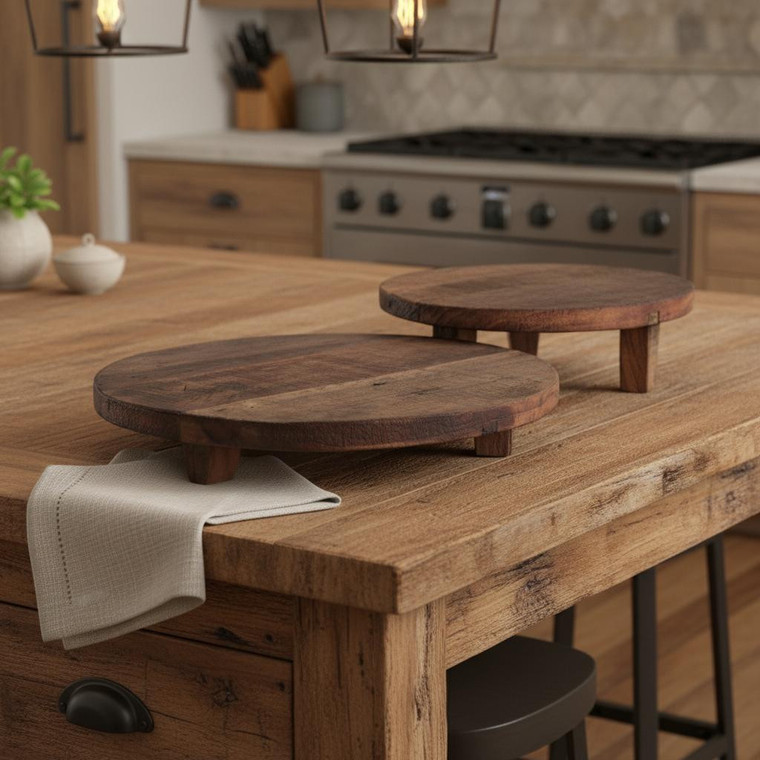 Set of Two Brown Reclaimed Wood Handmade Round Riser Trays