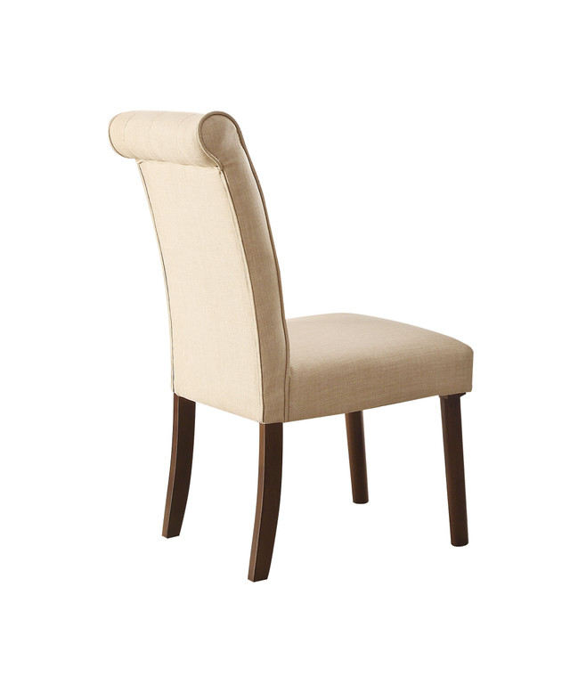 Set of Two Tufted Beige and Brown Upholstered Linen And Solid Wood Dining Side Chairs