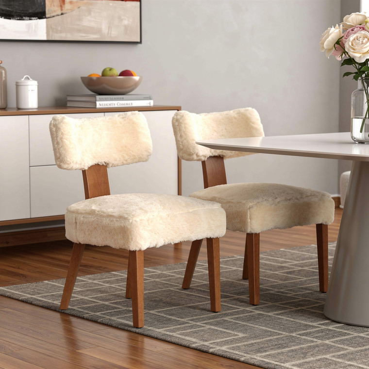 Set of Two Ivory and Brown Faux Fur and Solid Wood Dining Side Chairs