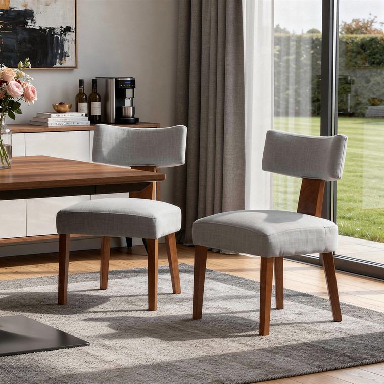 Set of Two Gray and Brown Linen and Solid Wood Dining Side Chairs