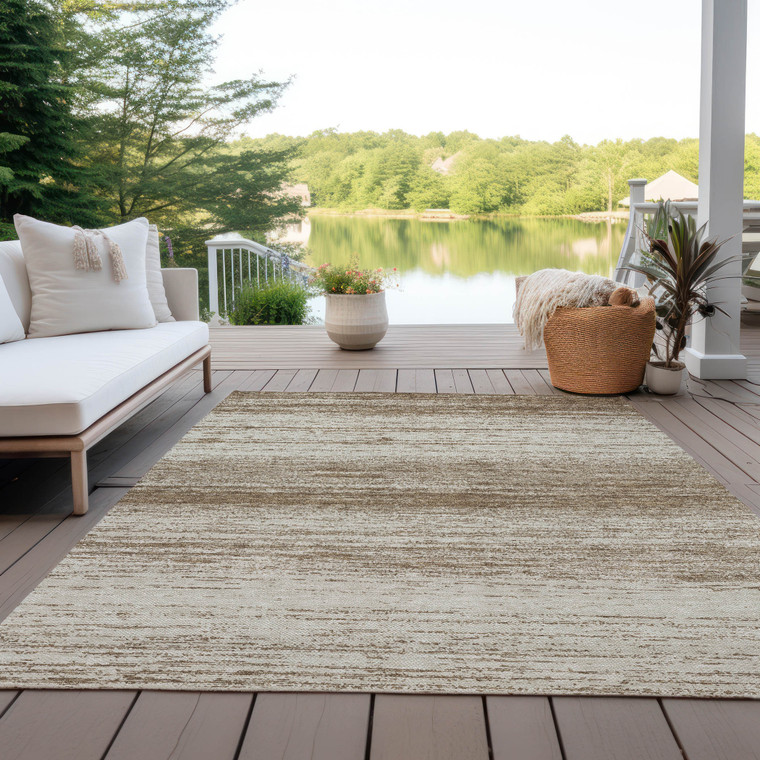 8' X 10' Brown And Beige Striped Washable Indoor Outdoor Area Rug