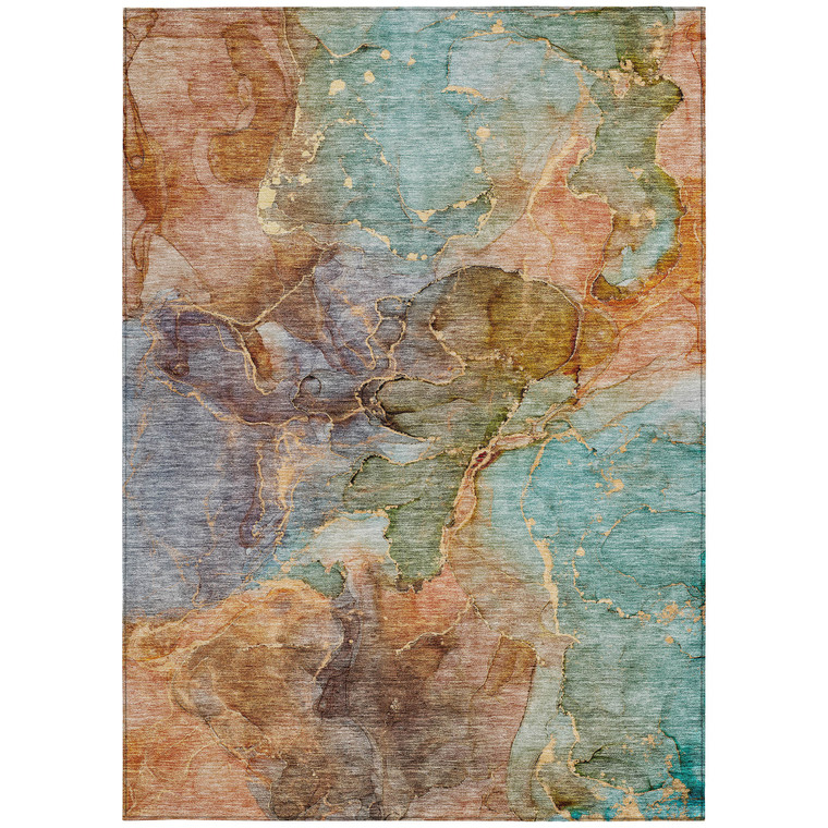9' X 12' Copper Orange And Teal Blue Abstract Washable Indoor Outdoor Area Rug