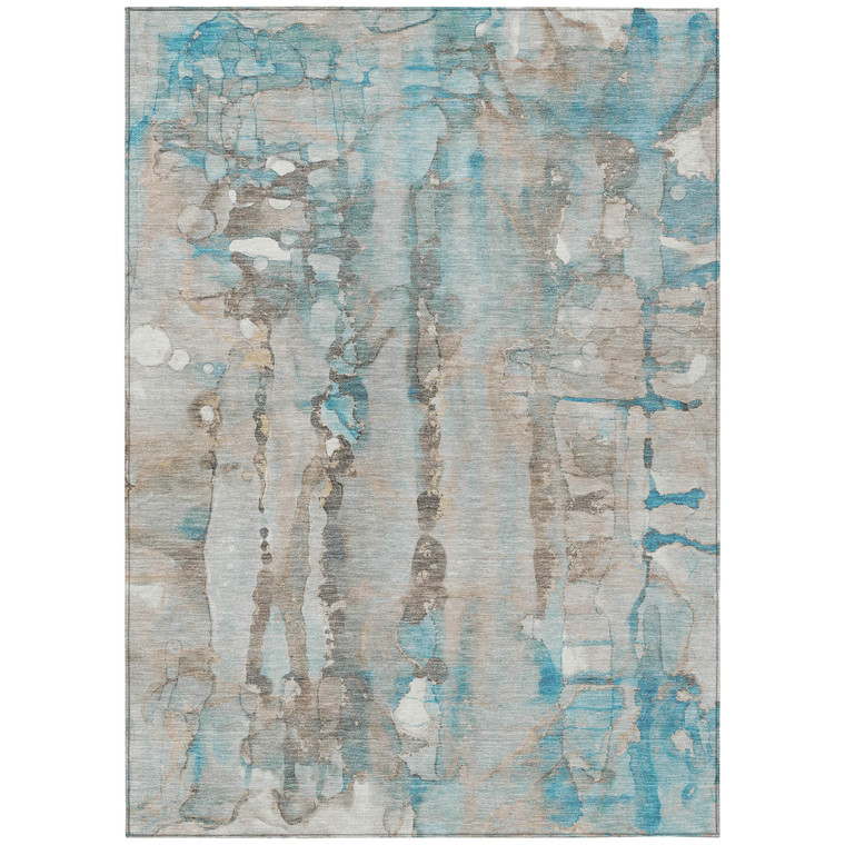 10' X 14' Teal Blue And Ivory Abstract Washable Indoor Outdoor Area Rug - Teal Blue, Ivory