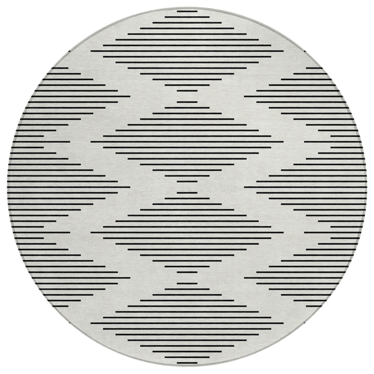 8' Ivory And Black Round Geometric Washable Indoor Outdoor Area Rug