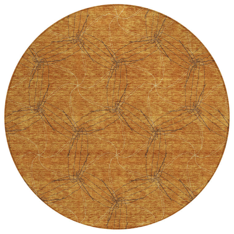 8' Copper And Ivory Round Geometric Washable Indoor Outdoor Area Rug - Copper, Ivory