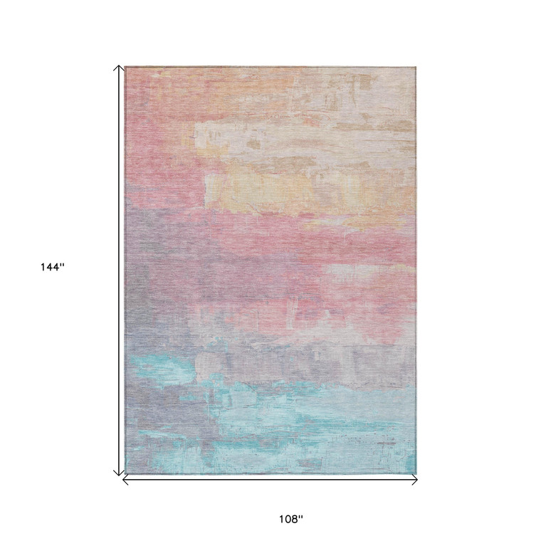 9' X 12' Salmon And Beige Abstract Washable Indoor Outdoor Area Rug