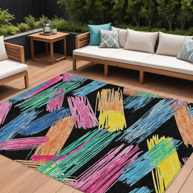 10' X 14' Black Pink And Yellow Striped Washable Indoor Outdoor Area Rug