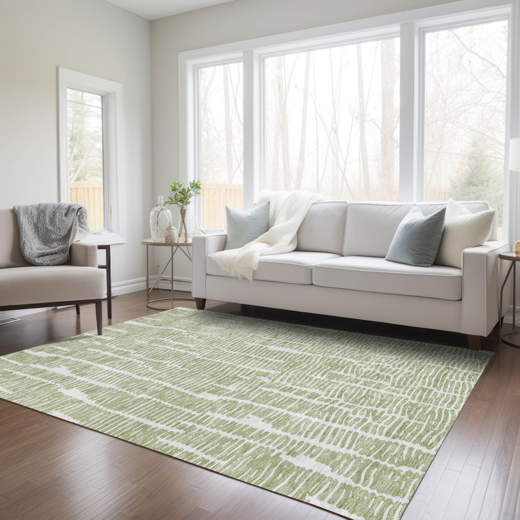 10' X 14' Artichoke Green And Ivory Abstract Washable Indoor Outdoor Area Rug