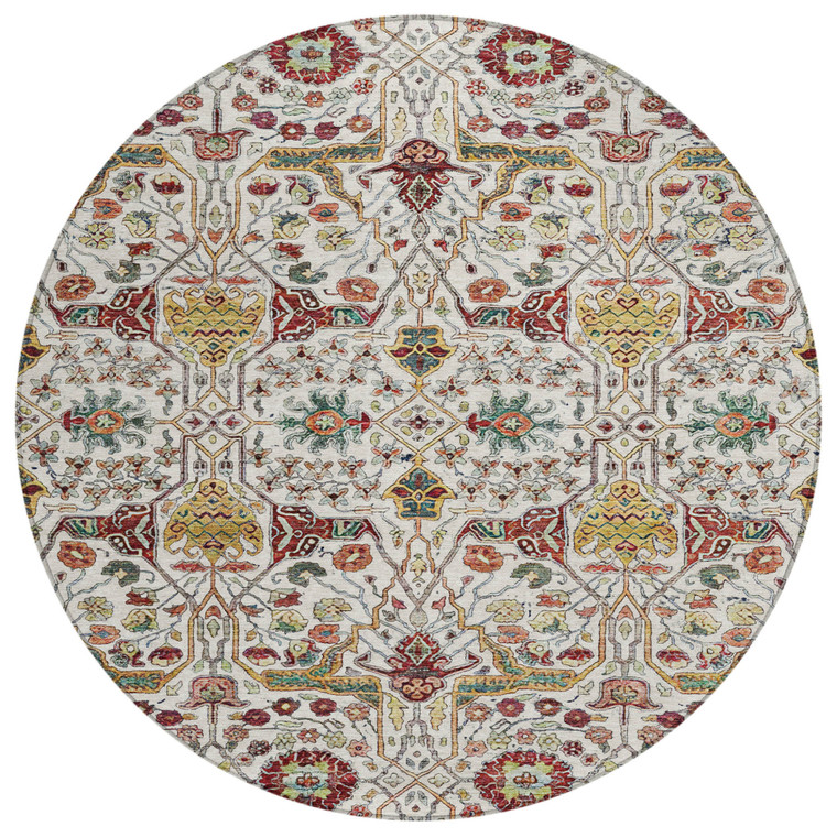 8' Ivory Red And Green Round Floral Washable Indoor Outdoor Area Rug