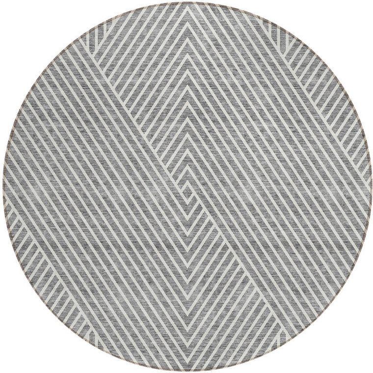 8' Gray And Ivory Round Geometric Washable Indoor Outdoor Area Rug - 880016708684