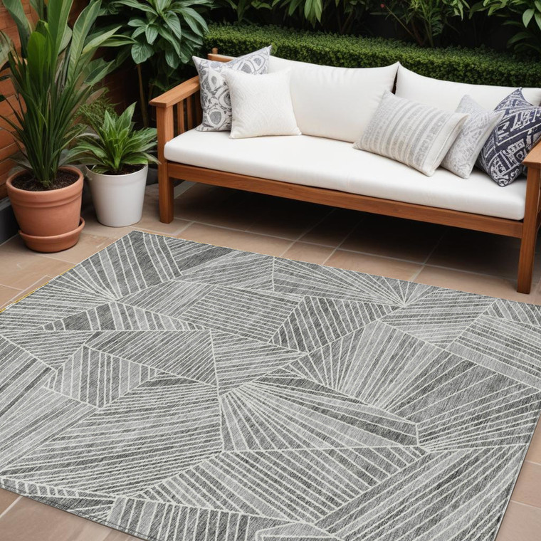 9' X 12' Gray And Ivory Geometric Washable Indoor Outdoor Area Rug Transitional Style - Gray, Ivory Color