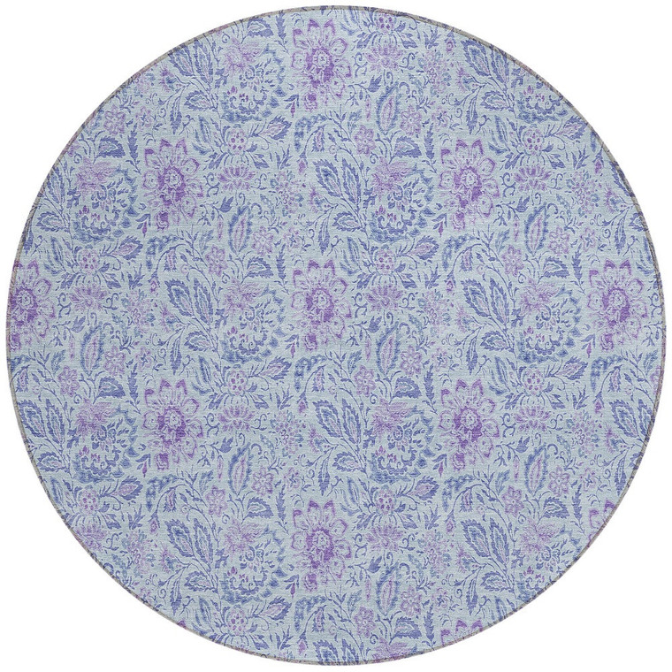 8' Sky Blue And Purple Round Floral Washable Indoor Outdoor Area Rug