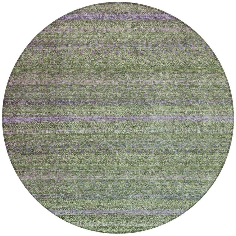 8' Olive Green And Purple Round Striped Washable Indoor Outdoor Area Rug