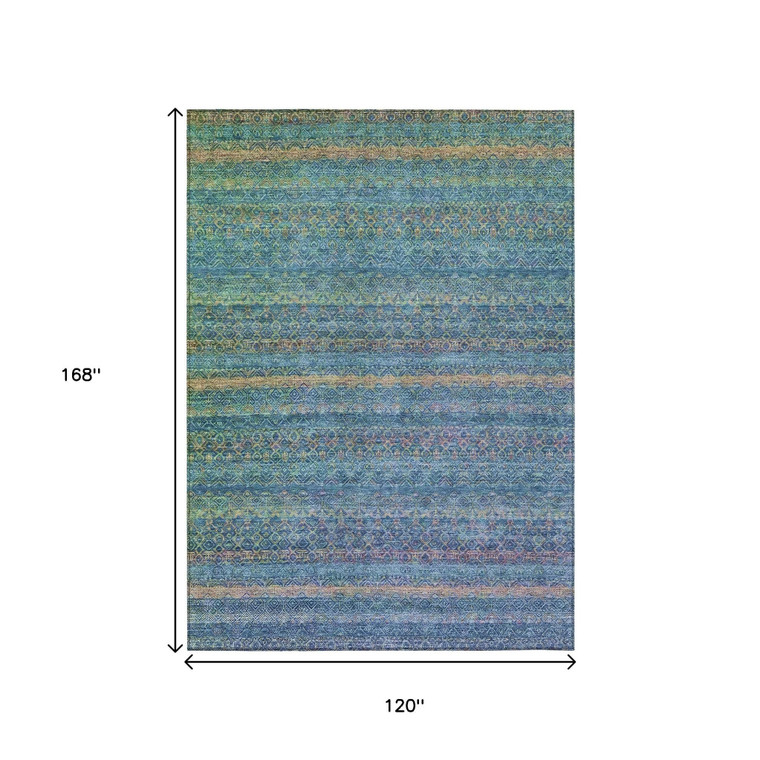 10' X 14' Teal Blue And Copper Striped Washable Indoor Outdoor Area Rug