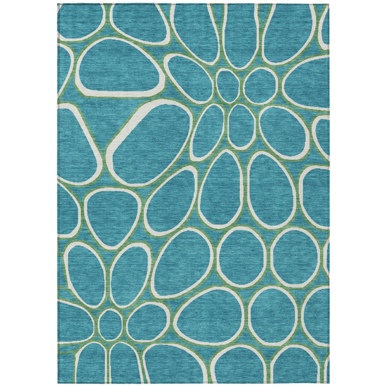 10' X 14' Teal Blue Ivory And Green Abstract Washable Indoor Outdoor Area Rug - Teal Blue, Ivory, Green
