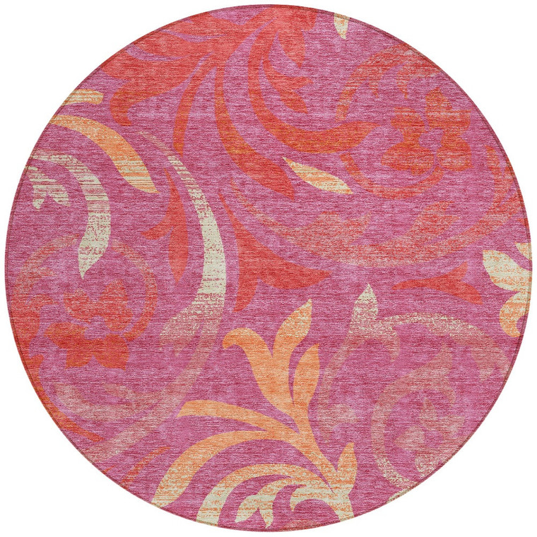 8' Blush Orange And Ivory Round Floral Washable Indoor Outdoor Area Rug