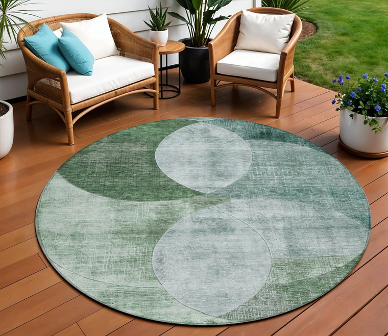 8' Mint Green And Fern Green Round Geometric Washable Indoor Outdoor Area Rug