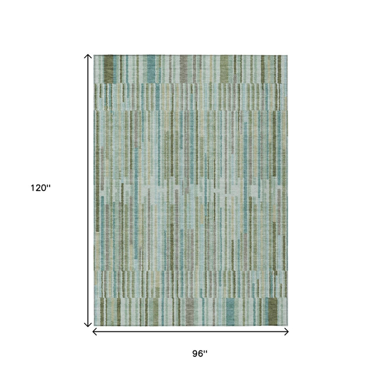 8' X 10' Artichoke Green And Teal Blue Striped Washable Indoor Outdoor Area Rug