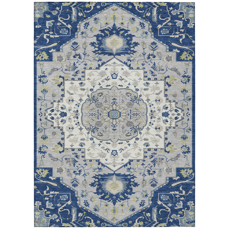 8' X 10' Navy Blue Ivory And Gray Oriental Washable Indoor Outdoor Area Rug