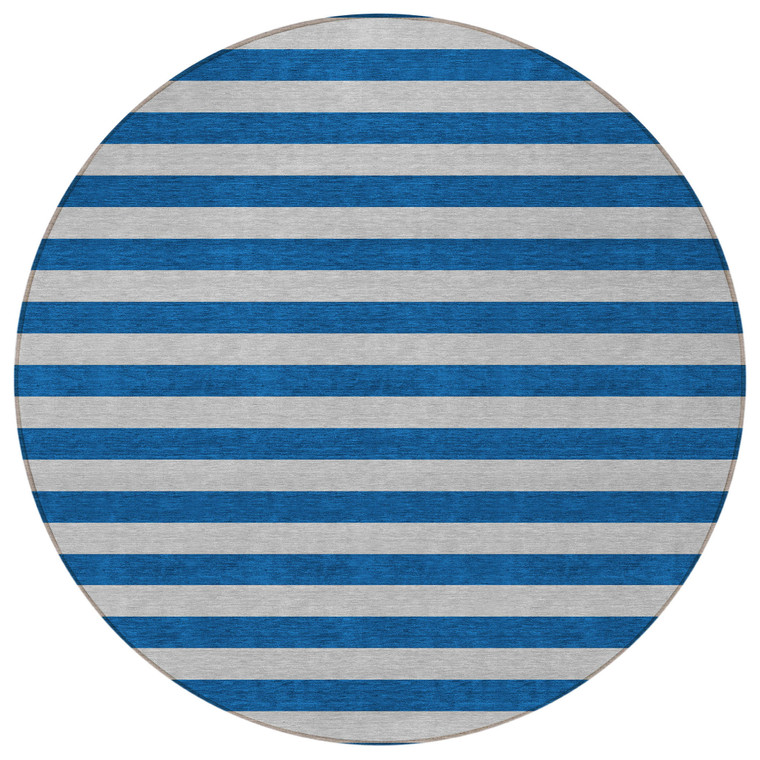 8' Round Blue and Ivory Round Striped Washable Non Skid Indoor Outdoor Area Rug