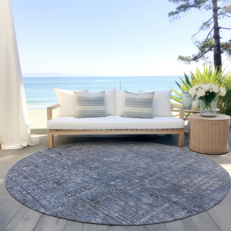8' Navy Blue And Gray Round Southwestern Washable Indoor Outdoor Area Rug
