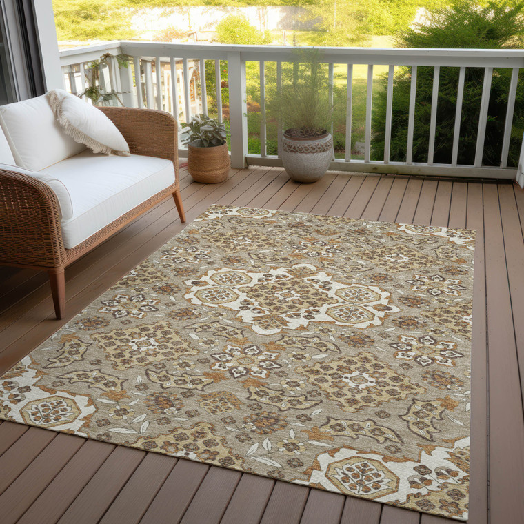9' X 12' Taupe Copper And Beige Medallion Washable Indoor Outdoor Area Rug