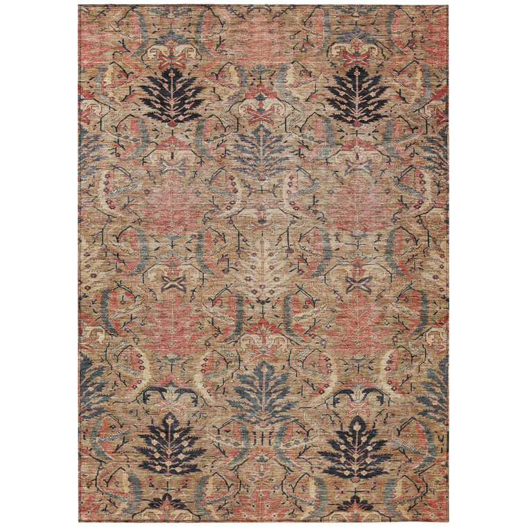 8' X 10' Khaki Terra Cotta And Black Damask Washable Indoor Outdoor Area Rug