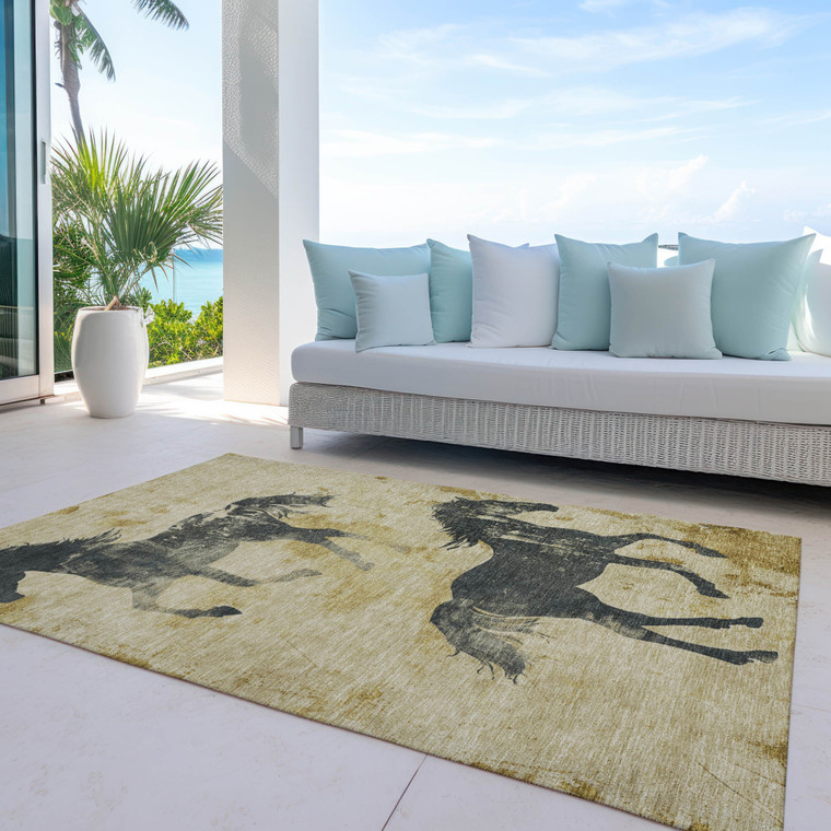 10' X 14' Gold And Charcoal Horse Washable Indoor Outdoor Area Rug
