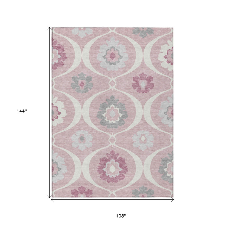 9' X 12' Pink Blush And Gray Medallion Washable Indoor Outdoor Area Rug