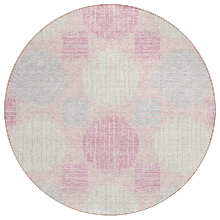 8' Pink Gray And Ivory Round Geometric Washable Indoor Outdoor Area Rug