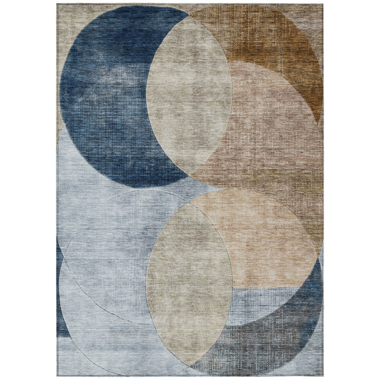9' X 12' Sky Blue Brown And Beige Geometric Washable Indoor Outdoor Area Rug