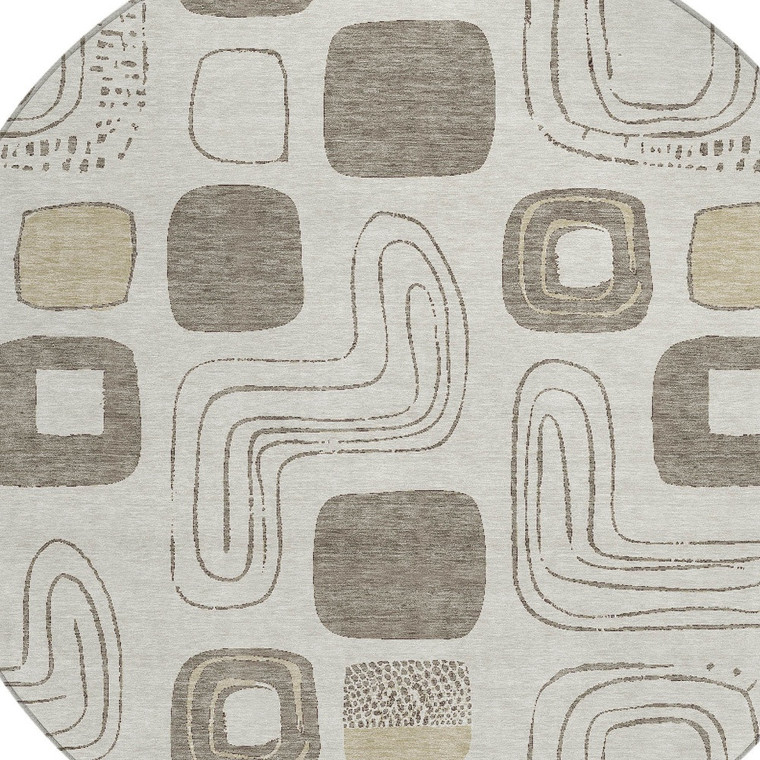 8' Beige Taupe And Tan Round Geometric Washable Indoor Outdoor Area Rug - Beige, Taupe, Tan