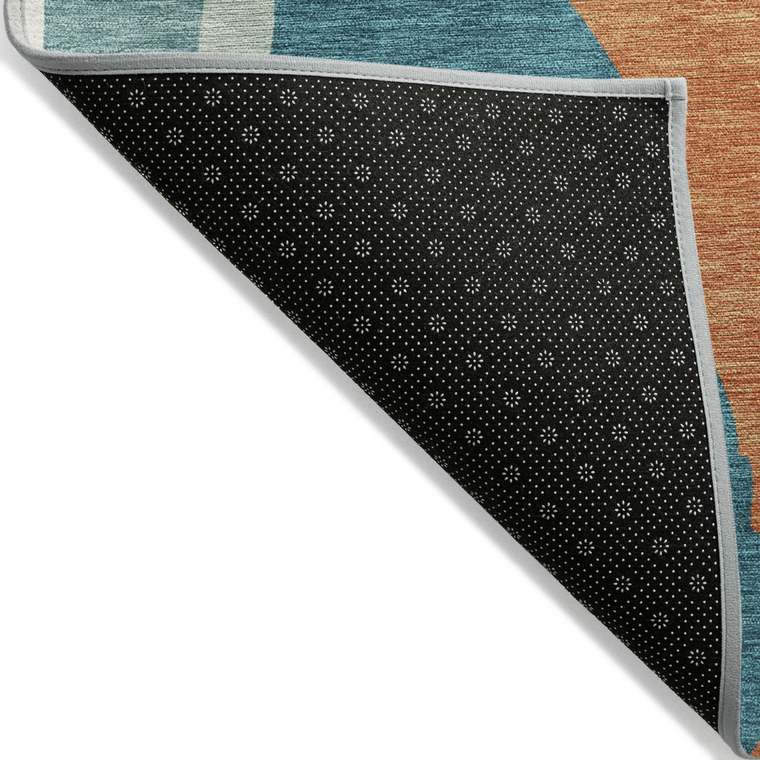 8' Teal Blue Copper And Ivory Round Abstract Washable Indoor Outdoor Area Rug