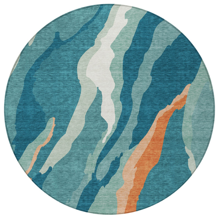 8' Teal Blue Copper And Ivory Round Abstract Washable Indoor Outdoor Area Rug