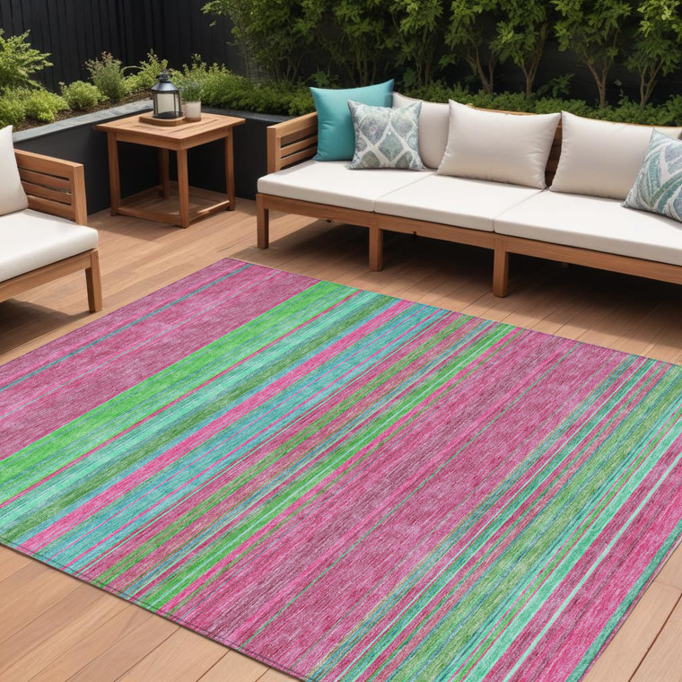 9' X 12' Blush Lime Green And Teal Blue Striped Washable Indoor Outdoor Area Rug