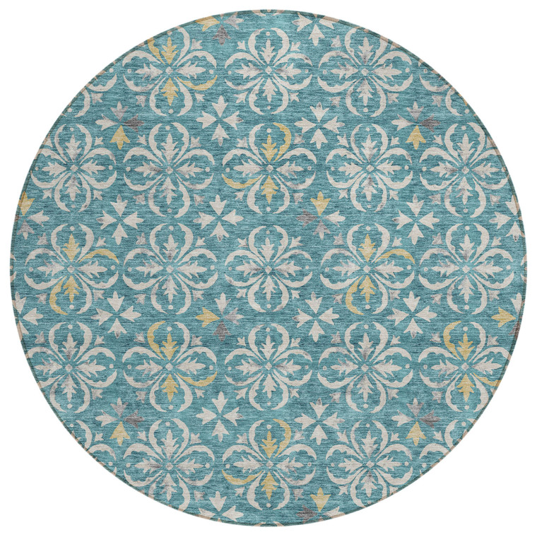 8' Teal Blue Gray And Gold Round Floral Washable Indoor Outdoor Area Rug