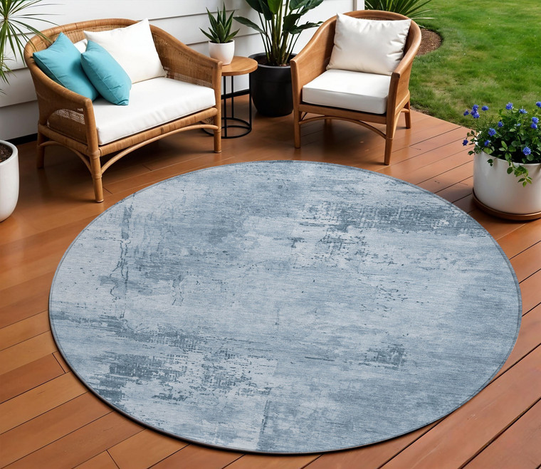 8' Denim Blue And Silver Round Abstract Washable Indoor Outdoor Area Rug