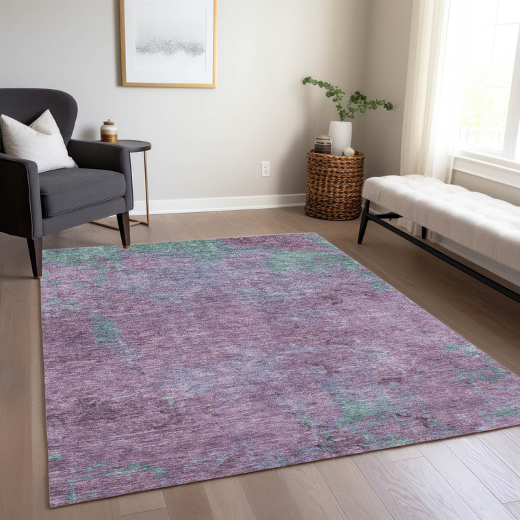 8' X 10' Lavender And Teal Blue Abstract Washable Indoor Outdoor Area Rug