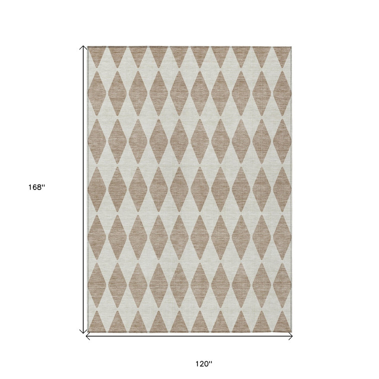 10' X 14' Taupe And Ivory Geometric Washable Indoor Outdoor Area Rug