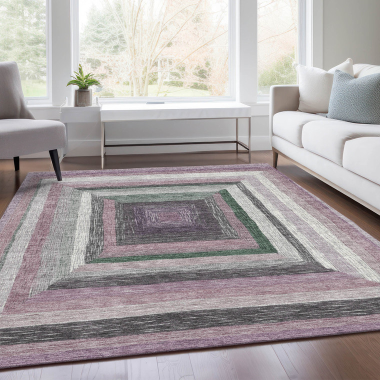 9' X 12' Blush Gray And Green Geometric Washable Indoor Outdoor Area Rug