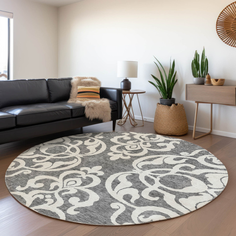 8' Gray And Ivory Round Damask Washable Indoor Outdoor Area Rug - Gray, Ivory