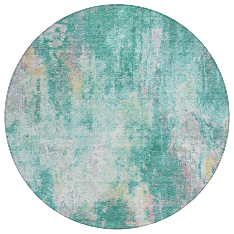 8' Teal Blue Peach And Ivory Round Abstract Washable Indoor Outdoor Area Rug