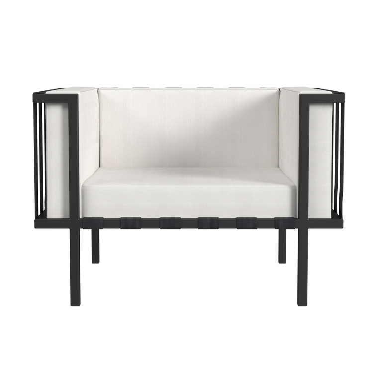 33" Black Metal Outdoor Arm Chair with Off White Cushion