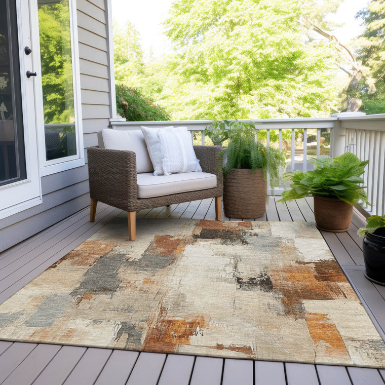 8' X 10' Ivory And Rust Abstract Washable Indoor Outdoor Area Rug